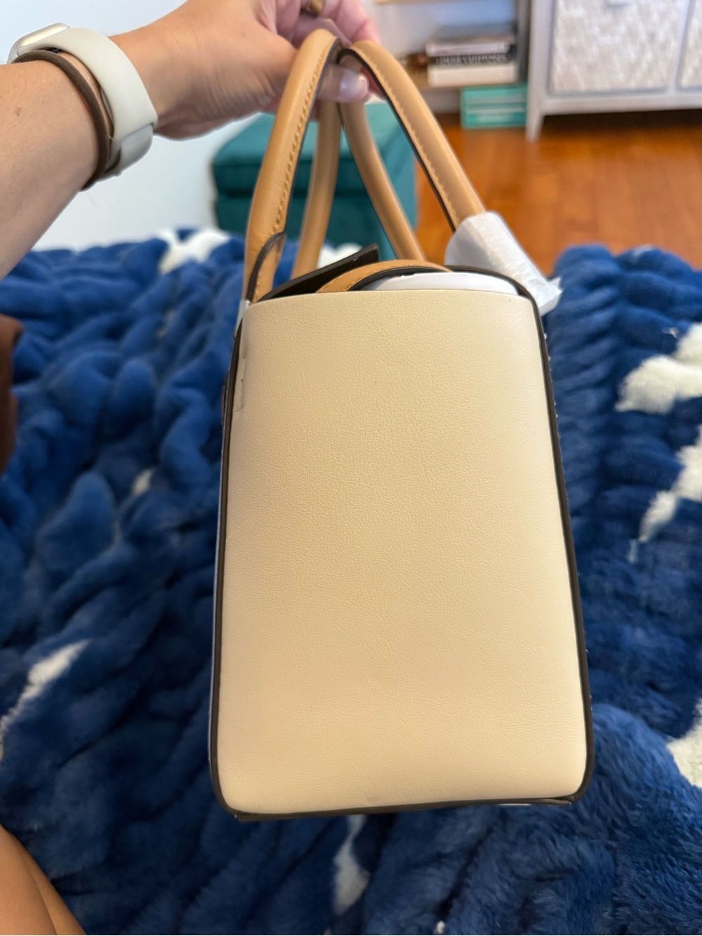 Michael Kors Collection Blue Leather Satchel with Tan Accents - Picture 3 of 13